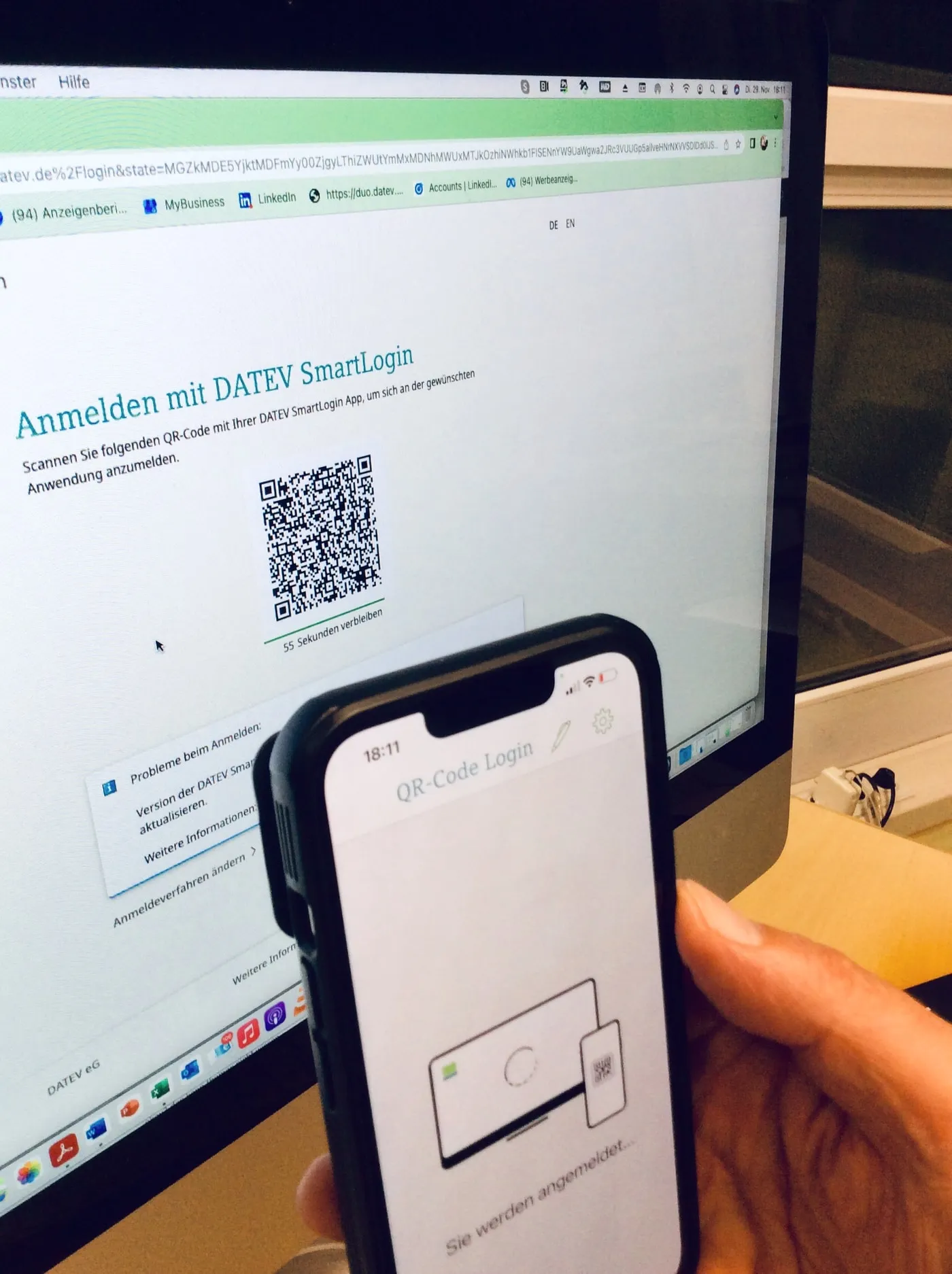 Anmeldung über DATEV SmartLogin per QR-Code am Bildschirm.
